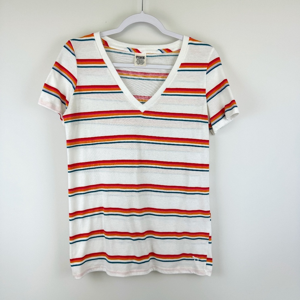 PINK VICTORIA'S SECRET White V Neck Casual T Shirt With Stripes / Size Small